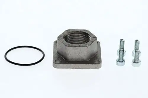 Flansch aus Metall mit einem Innengewinde und einer flachen Basis. Dazu gehören eine O-Ring-Dichtung und zwei Schrauben. Marke Bosch.